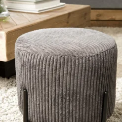 Tabouret Rond ALBANE Velours Cotelé Gris Anthracite Pieds Métal