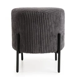 Tabouret Rond ALBANE Velours Cotelé Gris Anthracite Pieds Métal