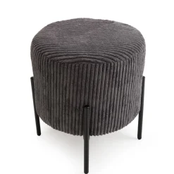 Tabouret Rond ALBANE Velours Cotelé Gris Anthracite Pieds Métal