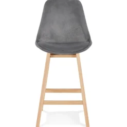 Tabouret snack mi-hauteur 'MORISS MINI' en velours gris et pieds en bois naturel