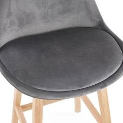 Tabouret snack mi-hauteur 'MORISS MINI' en velours gris et pieds en bois naturel