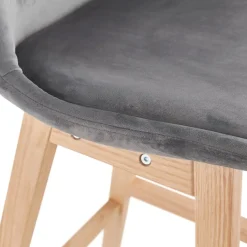 Tabouret snack mi-hauteur 'MORISS MINI' en velours gris et pieds en bois naturel