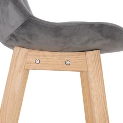 Tabouret snack mi-hauteur 'MORISS MINI' en velours gris et pieds en bois naturel