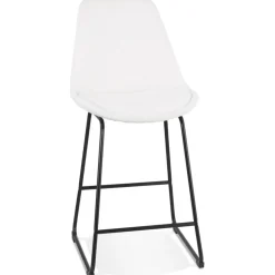 Tabouret snack mi-hauteur 'ALICE MINI' en tissu bouloché blanc et pied traineau en métal noir