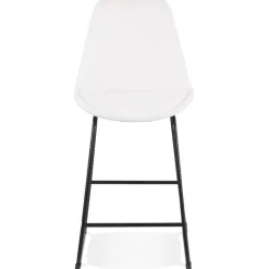 Tabouret snack mi-hauteur 'ALICE MINI' en tissu bouloché blanc et pied traineau en métal noir