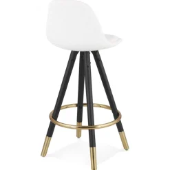 Tabouret snack mi-hauteur 'CLARISSE MINI' en tissu bouloché blanc et 4 pieds en bois noir
