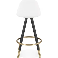 Tabouret snack mi-hauteur 'CLARISSE MINI' en tissu bouloché blanc et 4 pieds en bois noir