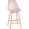 Tabouret snack mi-hauteur 'MORISS MINI' en velours rose et pieds en bois naturel