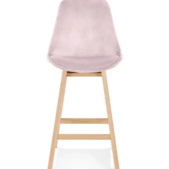 Tabouret snack mi-hauteur 'MORISS MINI' en velours rose et pieds en bois naturel