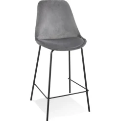Tabouret snack mi-hauteur 'SPARK MINI' en velours gris et pieds en métal noir