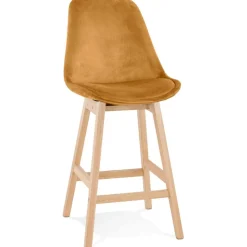 Tabouret snack mi-hauteur 'MORISS MINI' en velours moutarde et pieds en bois naturel