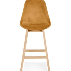 Tabouret snack mi-hauteur 'MORISS MINI' en velours moutarde et pieds en bois naturel