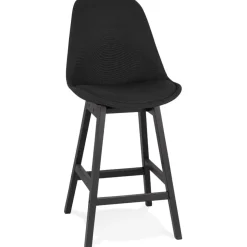Tabouret snack mi-hauteur 'TERESA MINI' design en tissu noir et pieds en bois noir