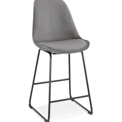 Tabouret snack mi-hauteur 'BULLY MINI' en velours gris et pieds en métal noir