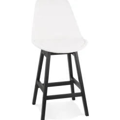 Tabouret snack mi-hauteur 'SANDRA MINI' en tissu bouloché blanc et pied en bois noir