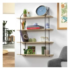 Étagère Murale 4 Niveaux Décor Bois avec Support en métal