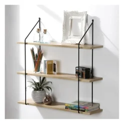 Étagère murale 3 niveaux plateau en bois et support métal