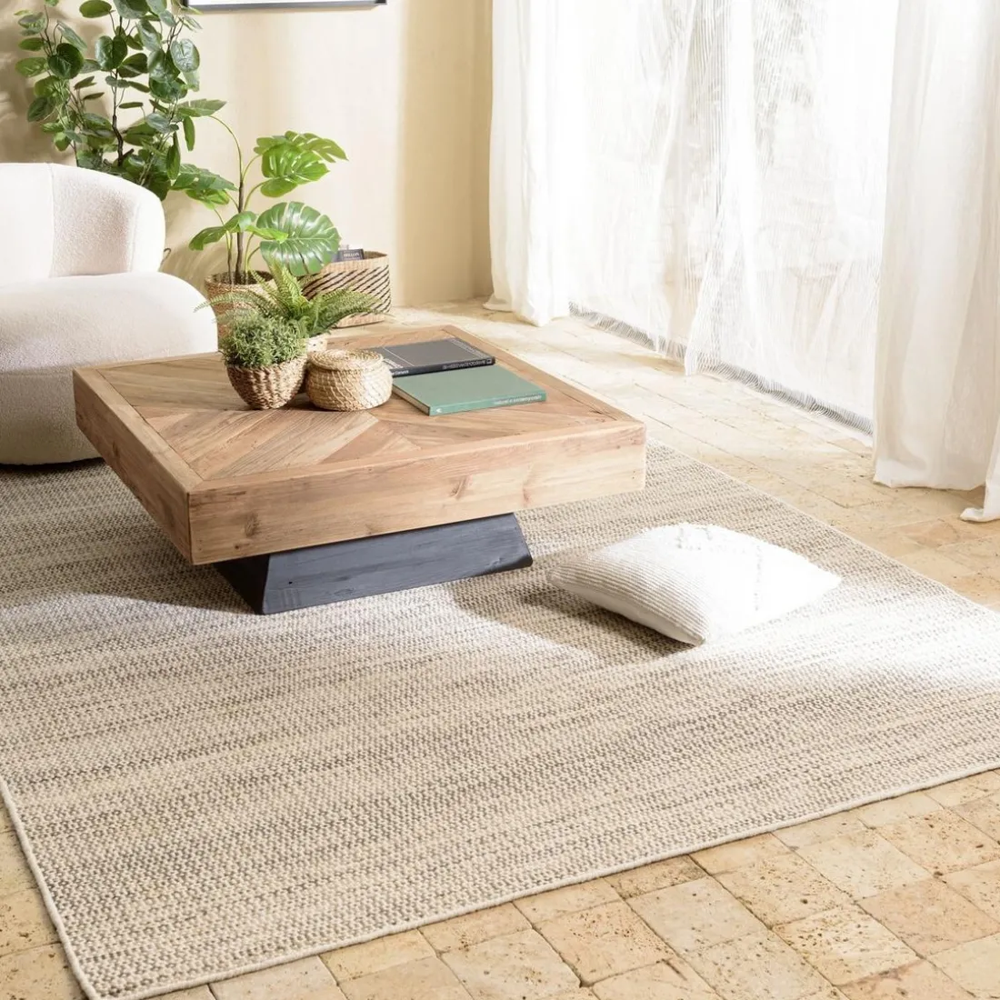 Tapis rectangulaire en laine tissée couleur blanc et kaki QUENTIN