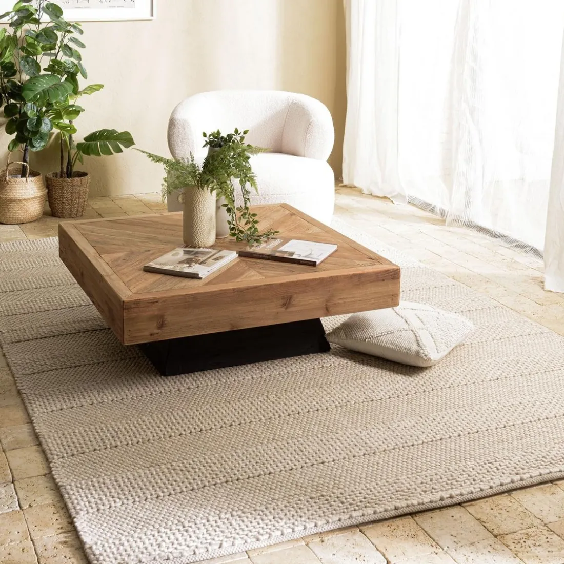 Tapis rectangulaire en laine tissée couleur lin QUENTIN