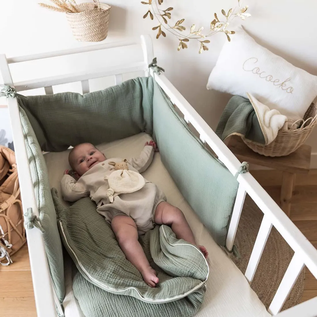 Tour de lit en gaze de coton VERT SAUGE