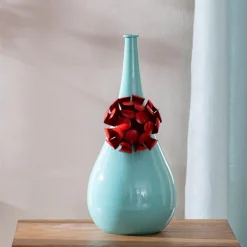 Vase métal fleur 3D DAYA bleu aqua fleur rouge