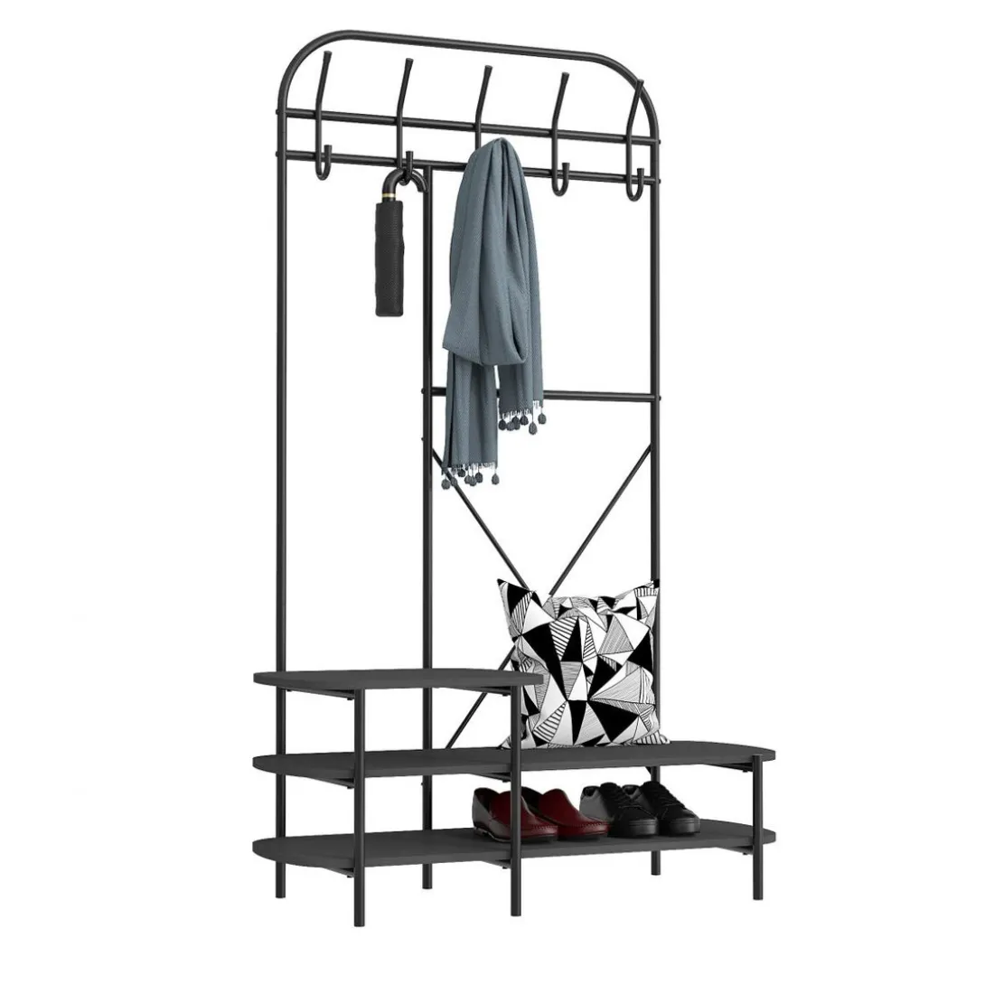 Vestiaire d'entrée 3 niveaux et 5 crochets Noir Style Industriel