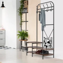 Vestiaire d'entrée 3 niveaux et 5 crochets Marron Style Industriel