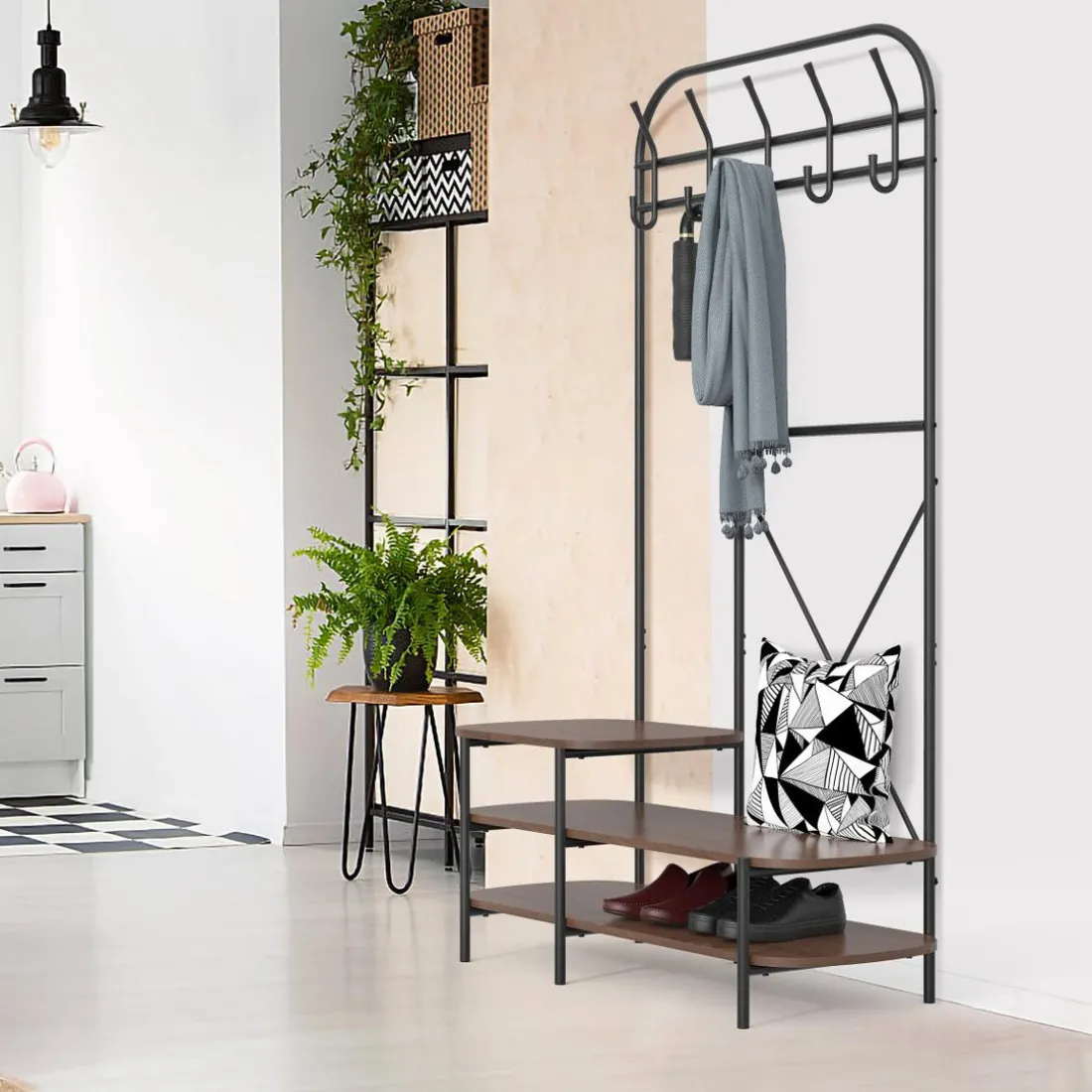 Vestiaire d'entrée 3 niveaux et 5 crochets Marron Style Industriel