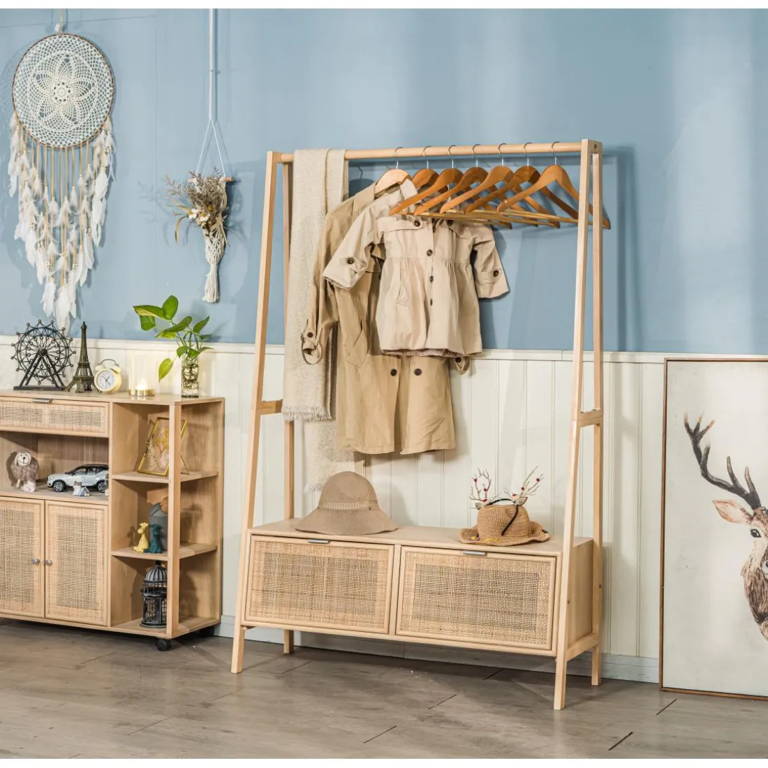 Vestiaire Entrée Bois Massif Porte Manteau Rotin