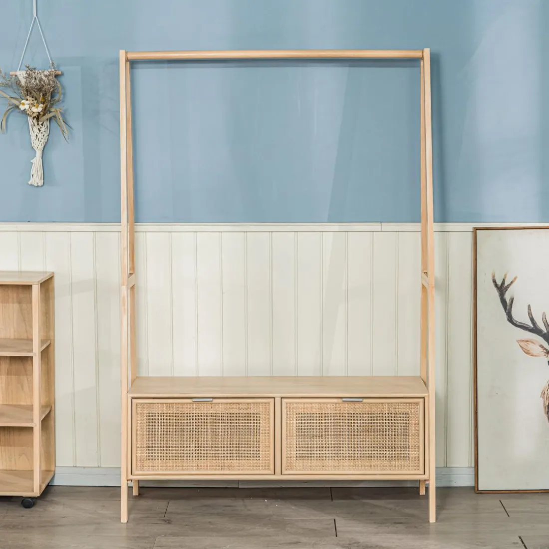 Vestiaire Entrée Bois Massif Porte Manteau Rotin